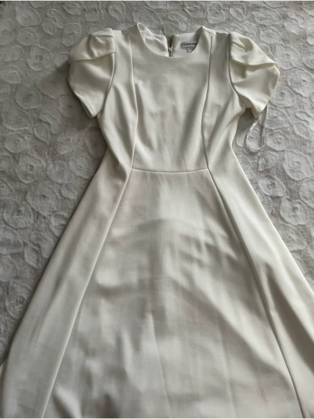 Calvin Klein Cream Midi Dress with Puff Sleeves